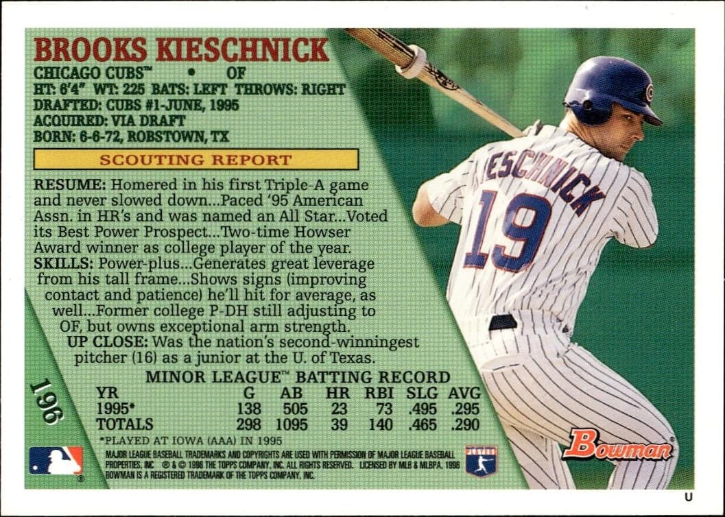 1996 Bowman Brooks Kieschnick #196 baseball trading card back