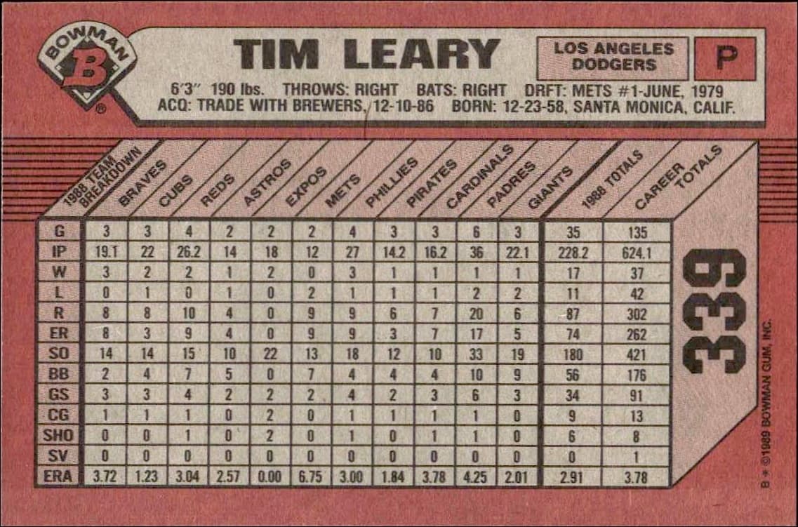 1989 Bowman Tim Leary #339 baseball trading card back