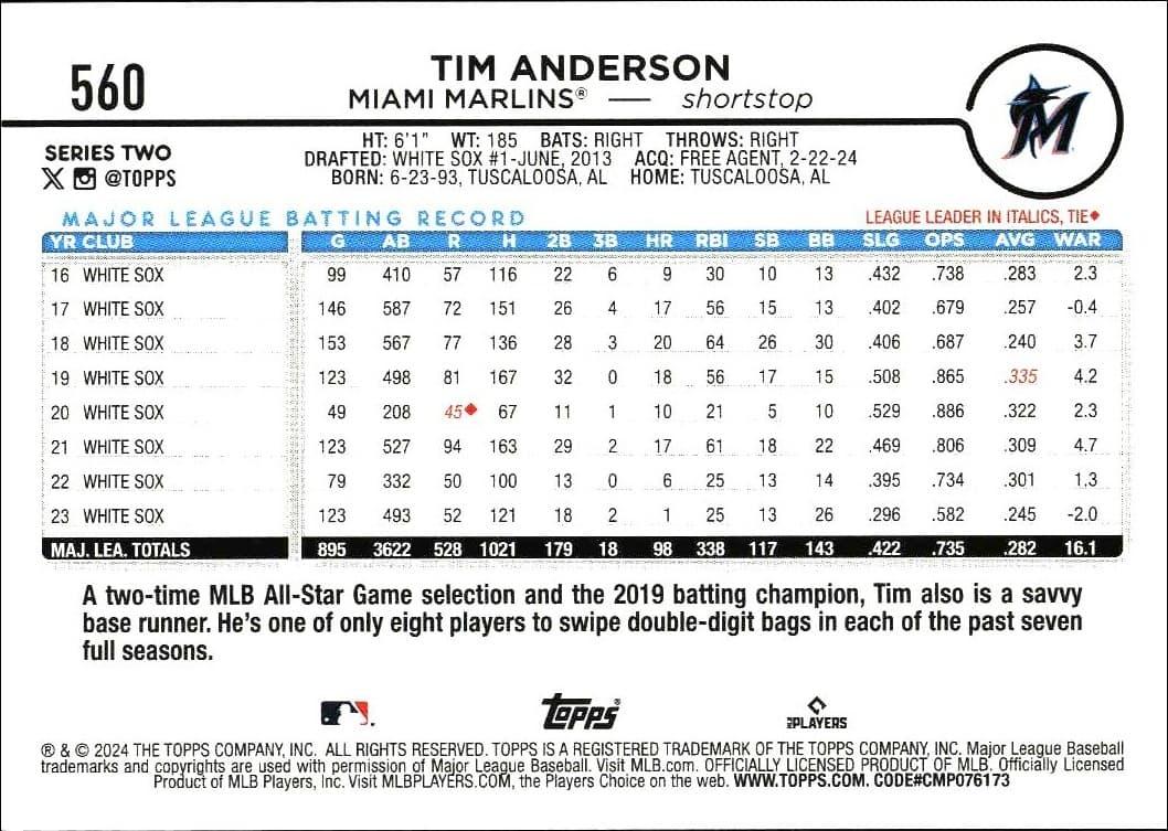 2024 Topps Series 2 Tim Anderson #560 baseball trading card back