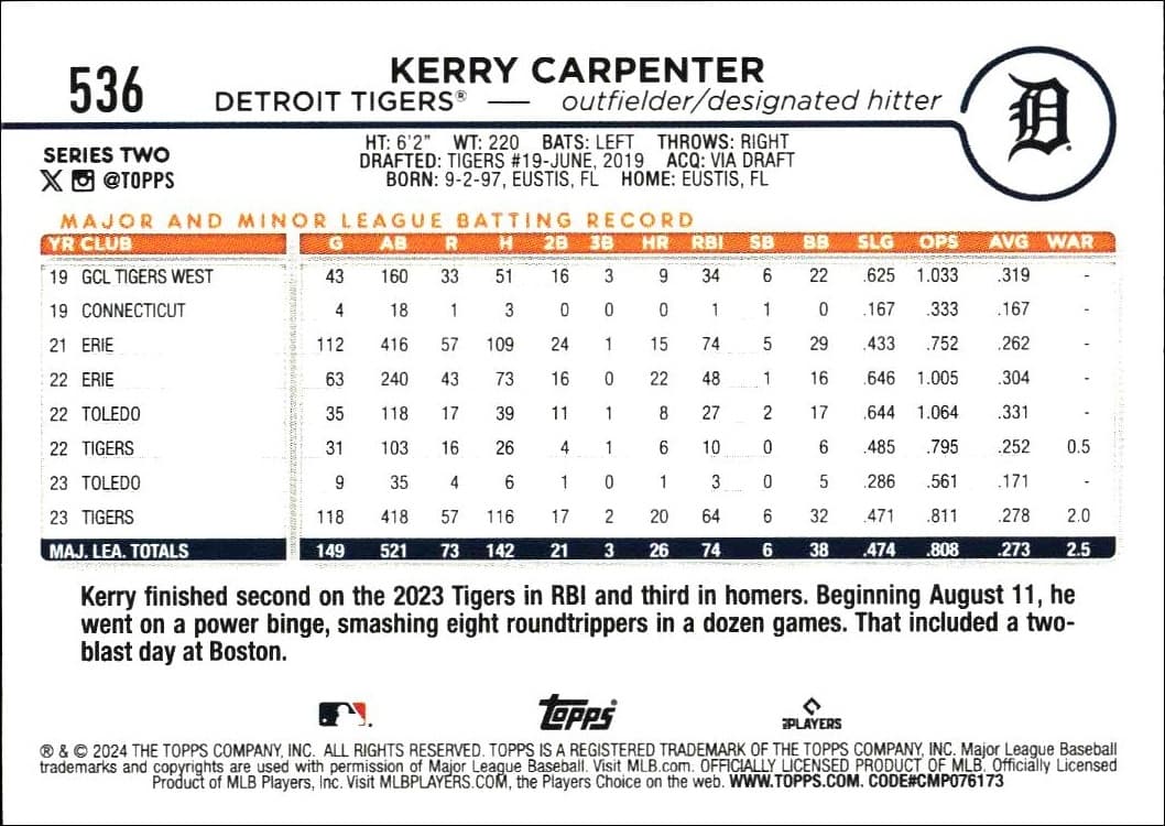2024 Topps Series 2 Kerry Carpenter #536 baseball trading card back