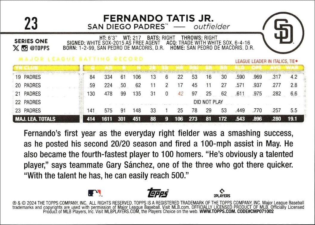 2024 Topps Fernando Tatis Jr. #23 baseball trading card back