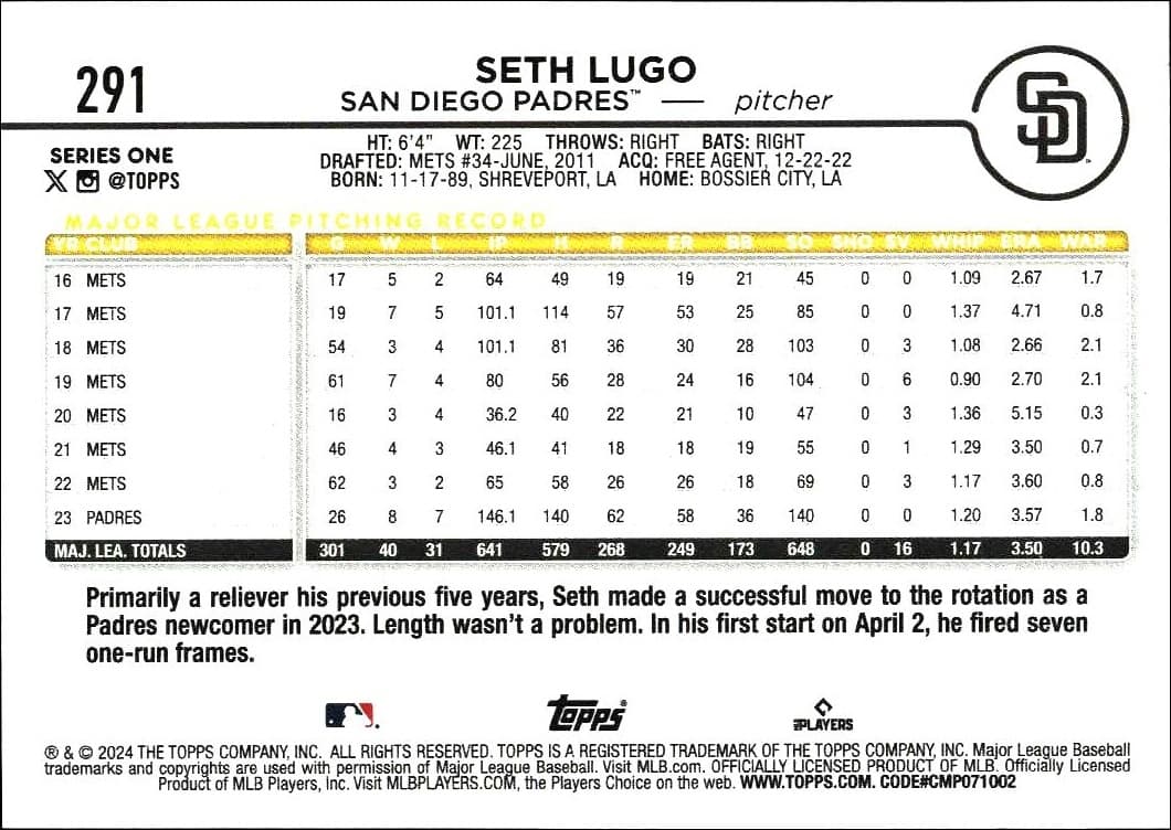 2024 Topps Seth Lugo #291 baseball trading card back