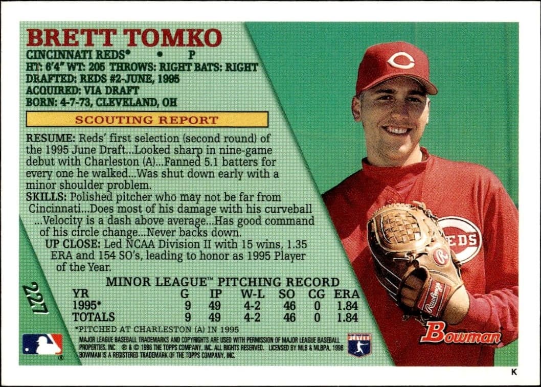 1996 Bowman Brett Tomko #227 baseball trading card back