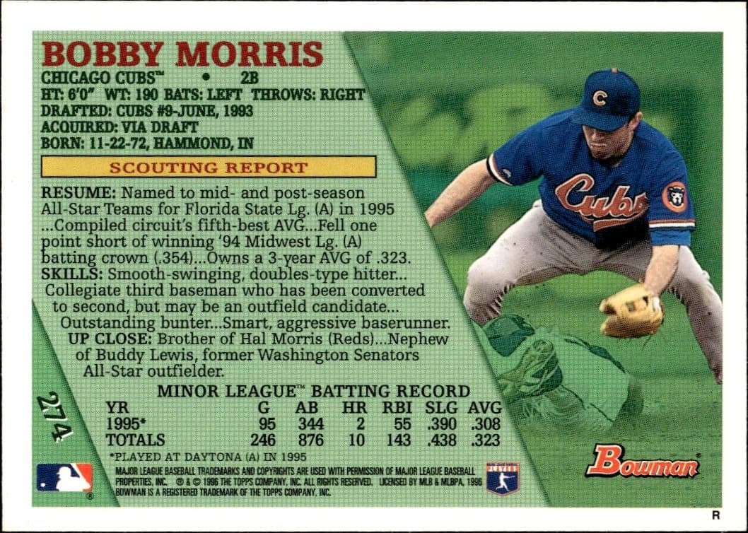 1996 Bowman Bobby Morris #274 baseball trading card back