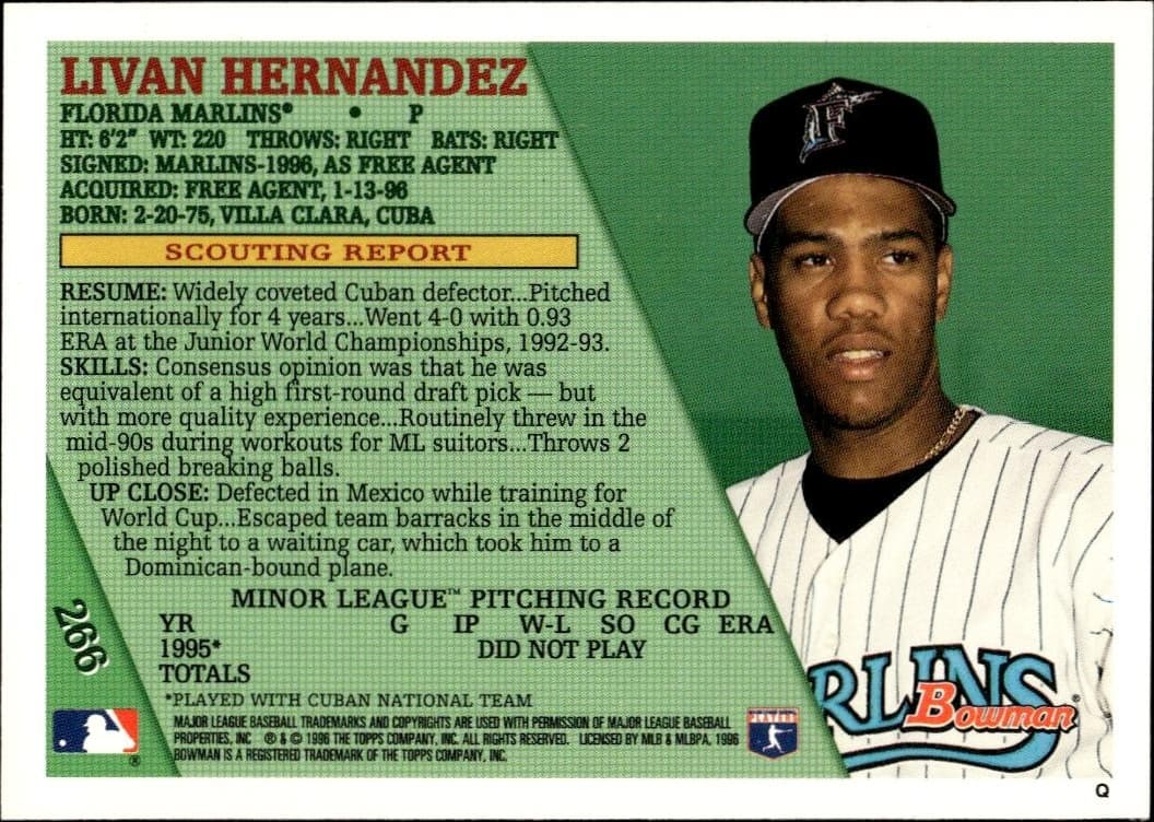1996 Bowman Livan Hernandez #266 baseball trading card back