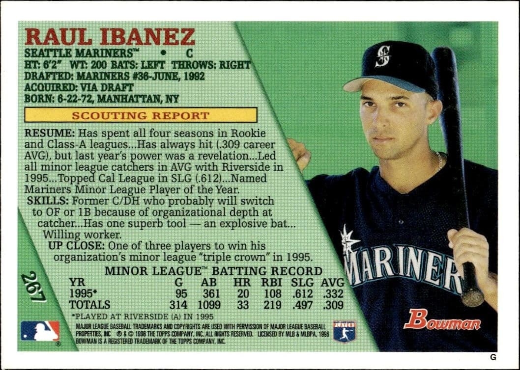 1996 Bowman Raul Ibanez #267 baseball trading card back