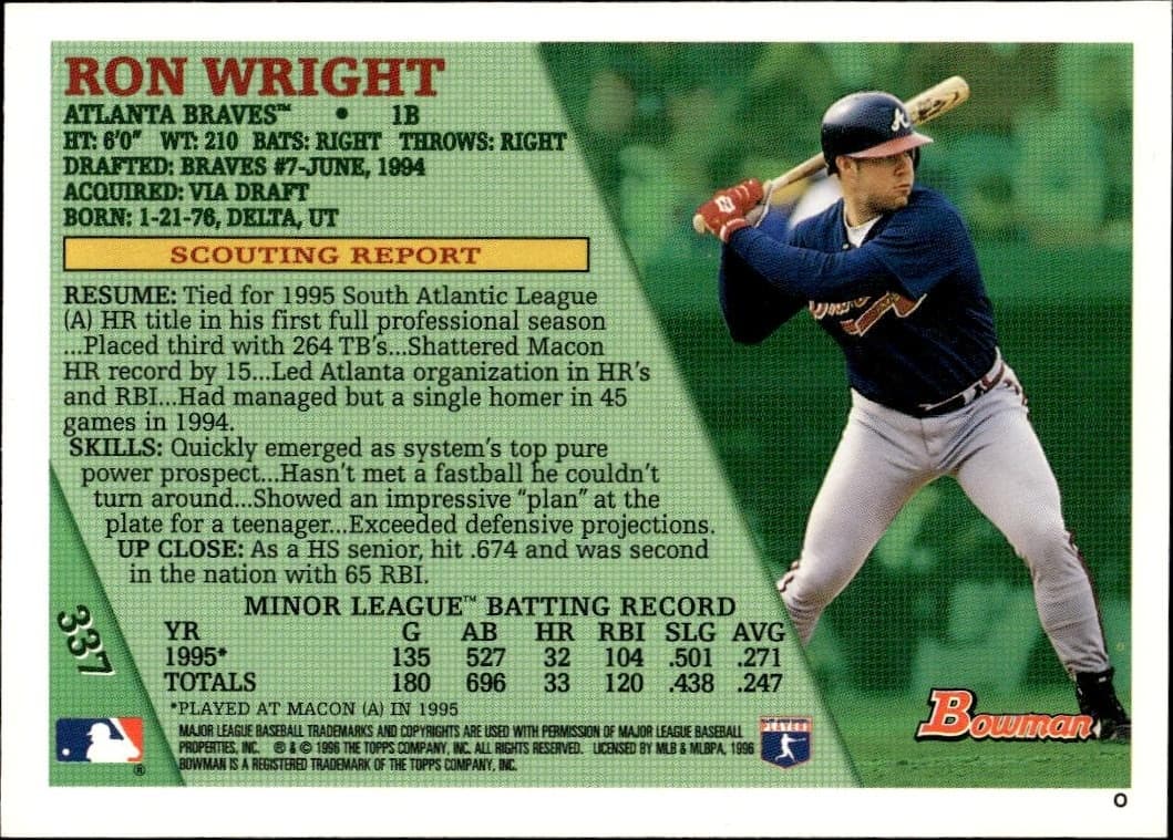 1996 Bowman Ron Wright #337 baseball trading card back