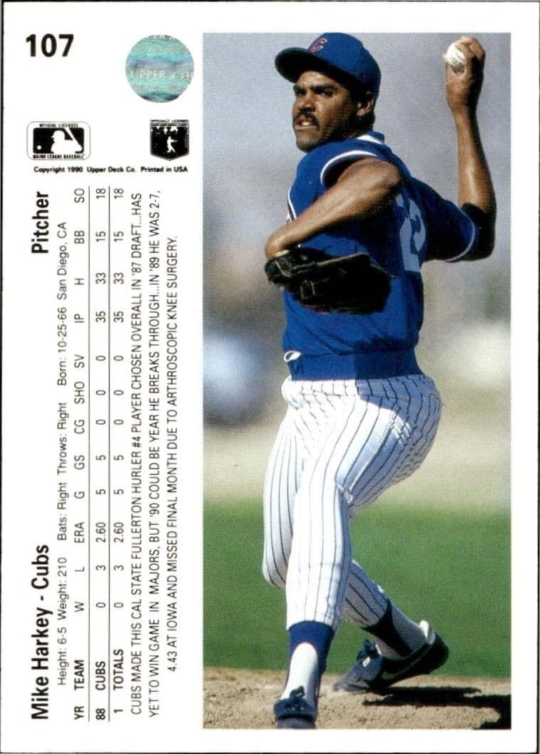 1990 Upper Deck Mike Harkey #107 baseball trading card back