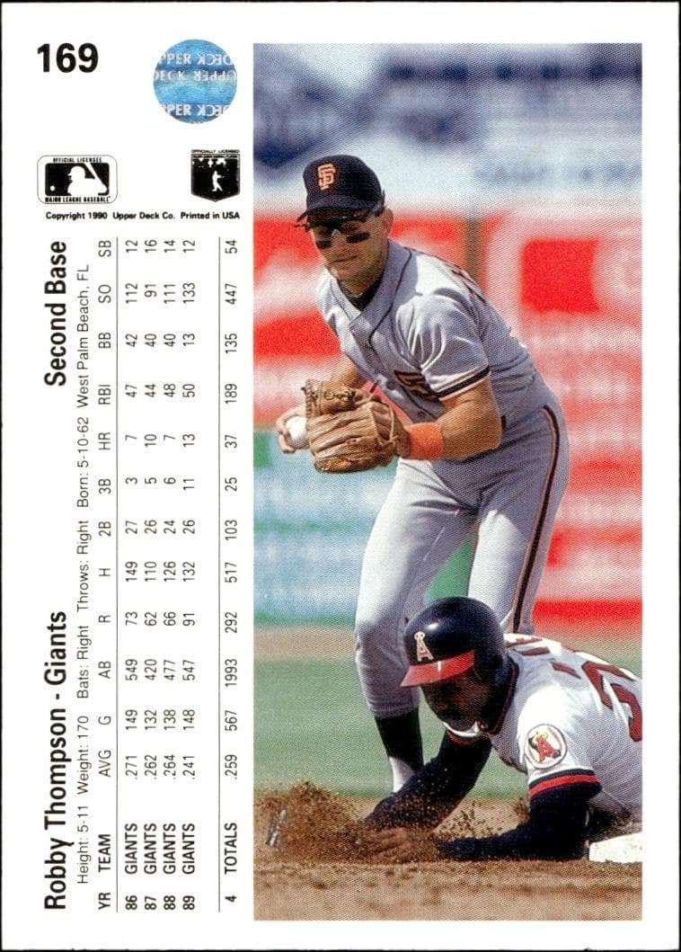 1990 Upper Deck Robby Thompson #169 baseball trading card back