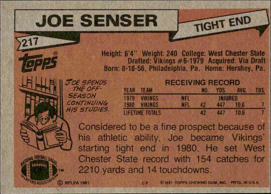 1981 Topps Joe Senser #217 football trading card back