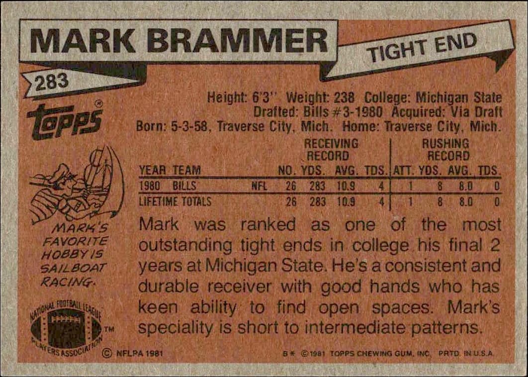 1981 Topps Mark Brammer #283 football trading card back