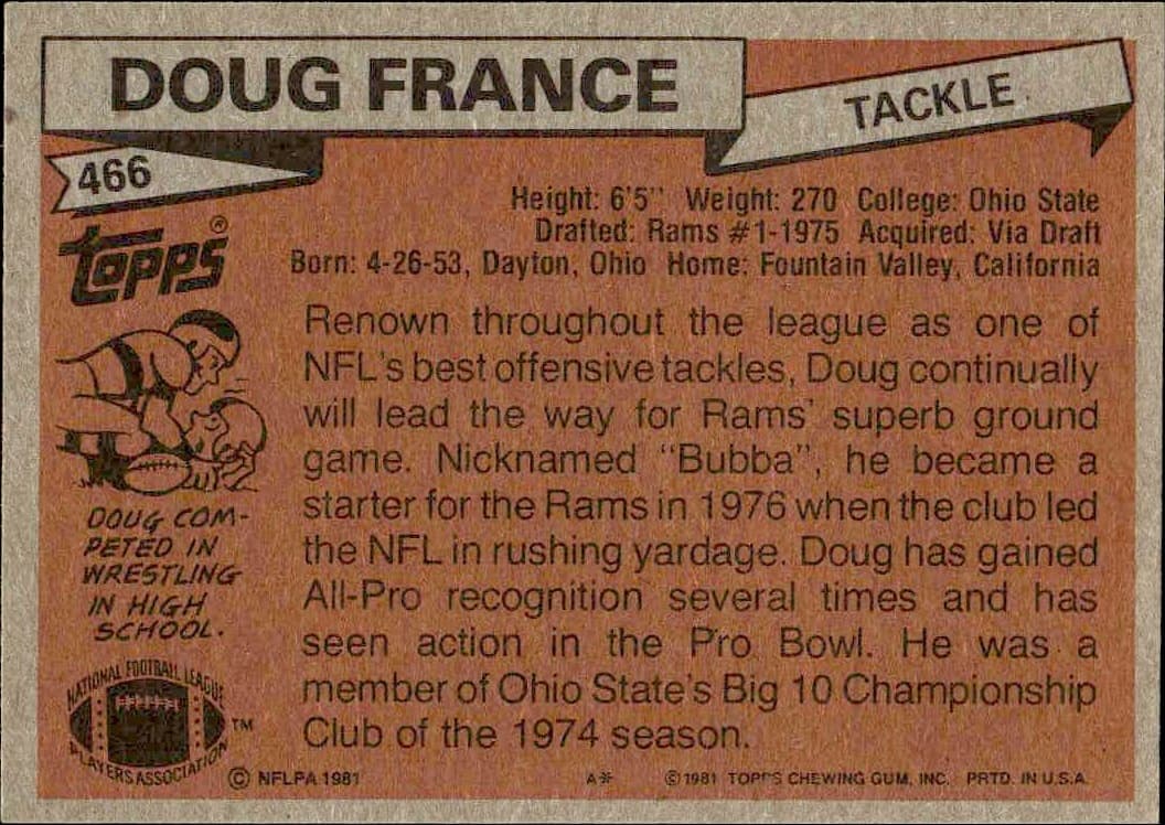 1981 Topps Doug France #466 football trading card back