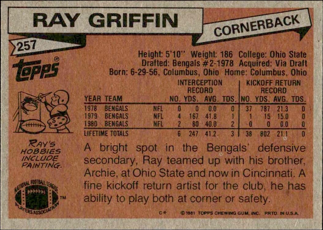 1981 Topps Ray Griffin #257 football trading card back