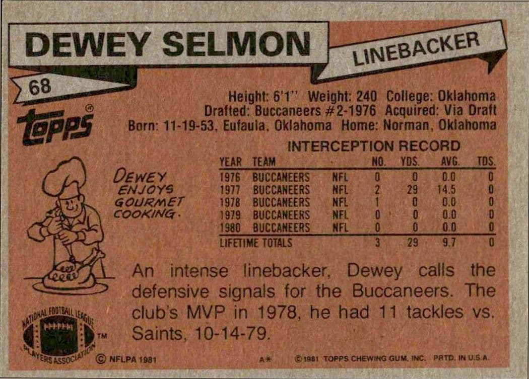 1981 Topps Dewey Selmon #68 football trading card back