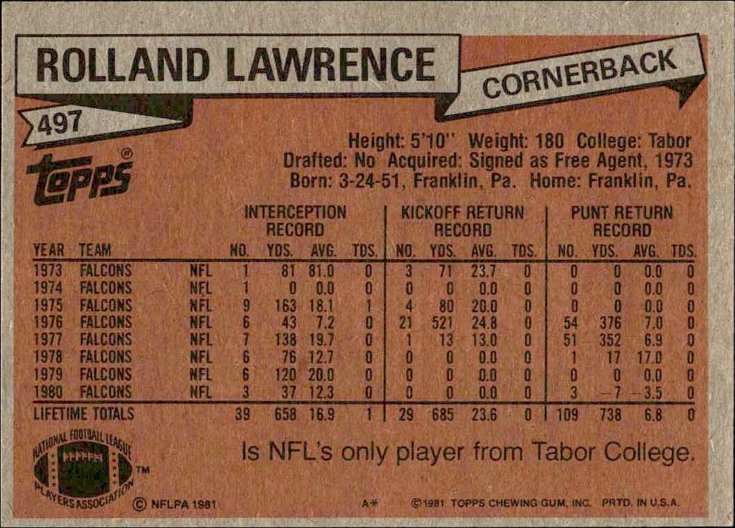 1981 Topps Rolland Lawrence #497 football trading card back