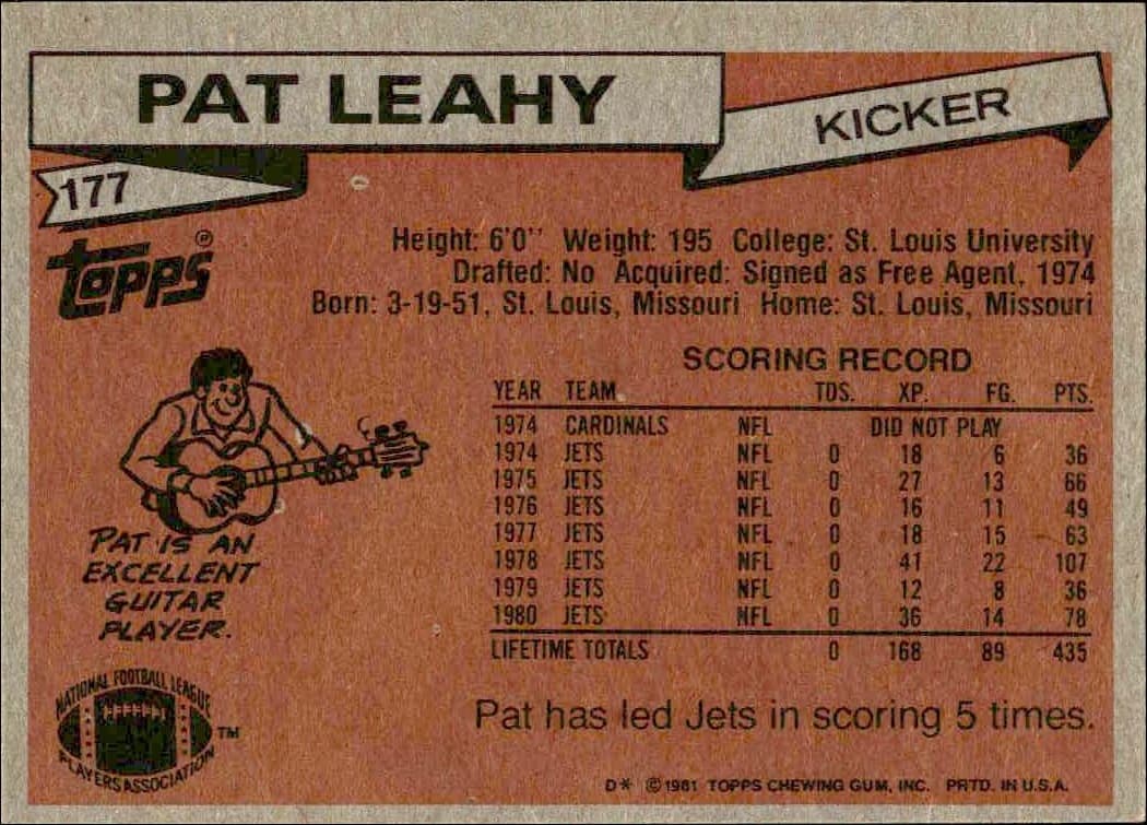 1981 Topps Pat Leahy #177 football trading card back