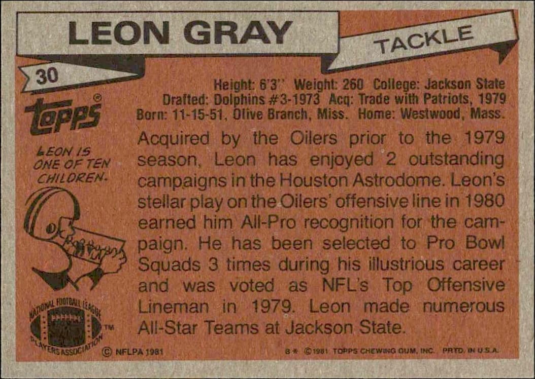1981 Topps Leon Gray #30 football trading card back