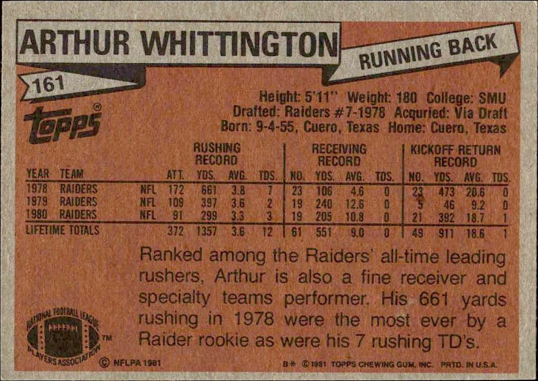 1981 Topps Arthur Whittington #161 football trading card back