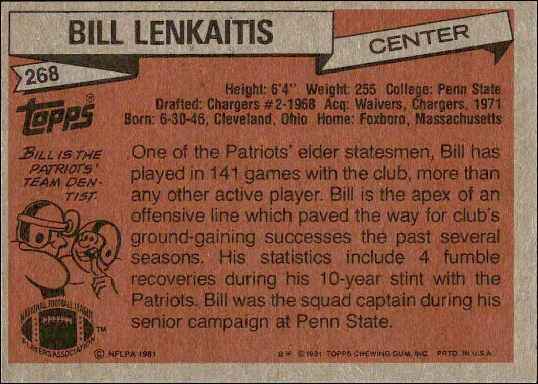 1981 Topps Bill Lenkaitis #268 football trading card back