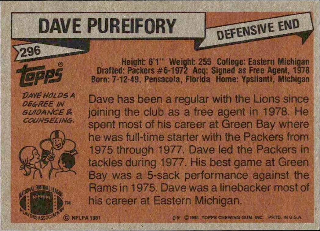 1981 Topps Dave Pureifory #296 football trading card back