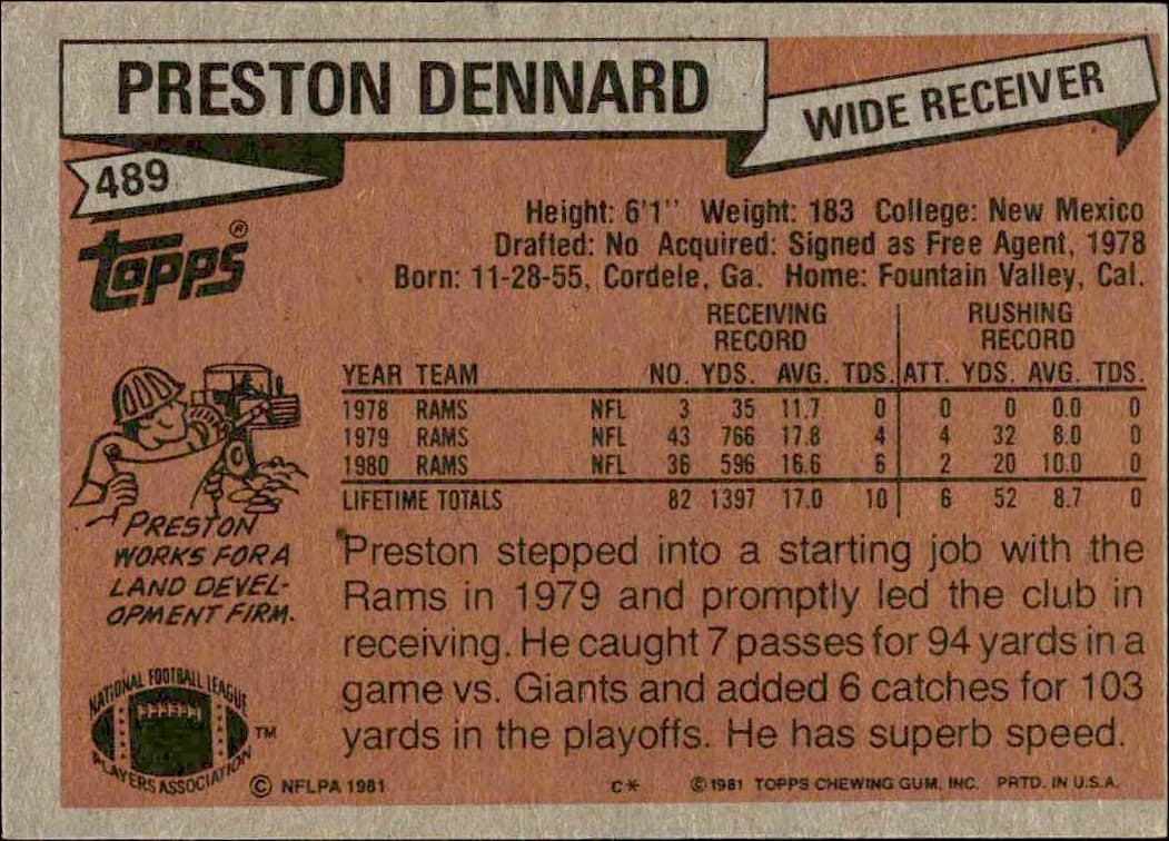 1981 Topps Preston Dennard #489 football trading card back