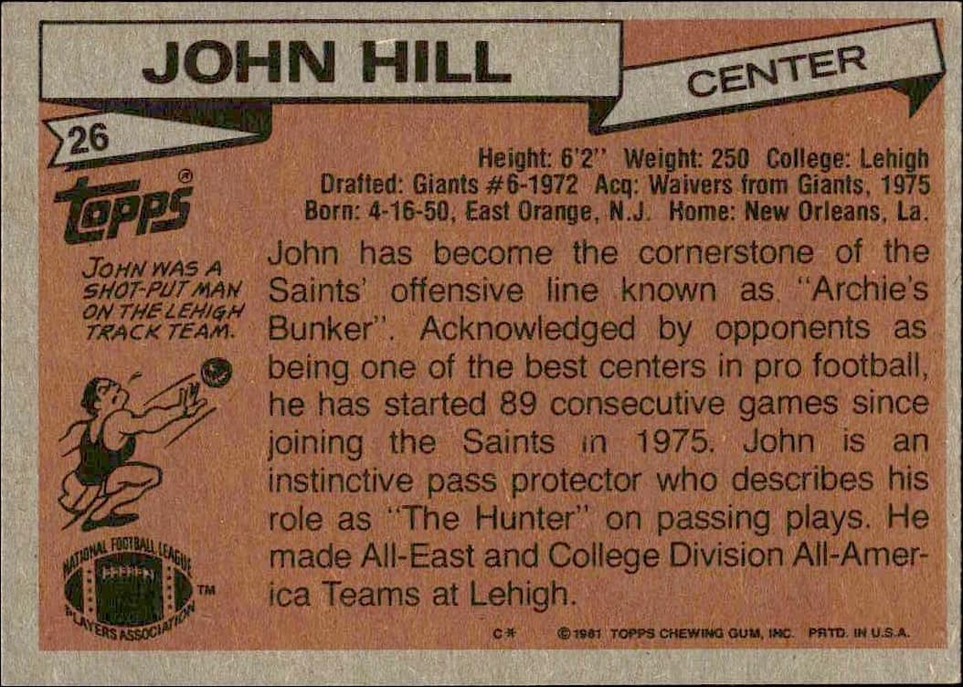 1981 Topps John Hill #26 football trading card back
