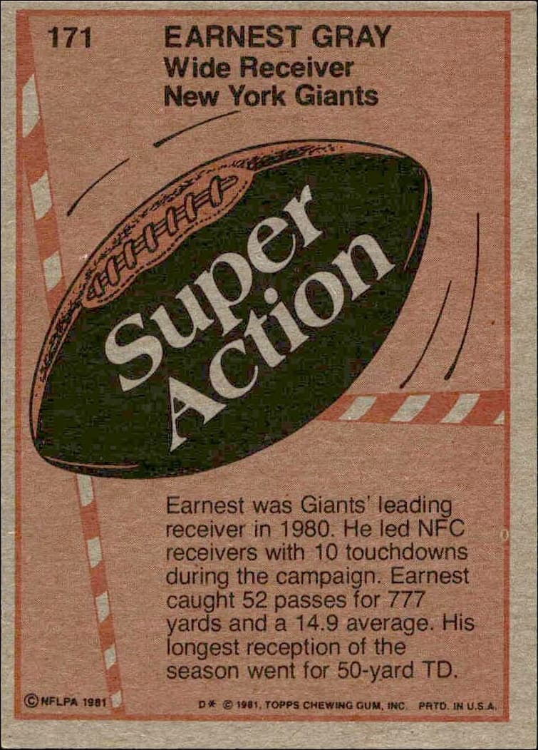 1981 Topps Earnest Gray #171 football trading card back