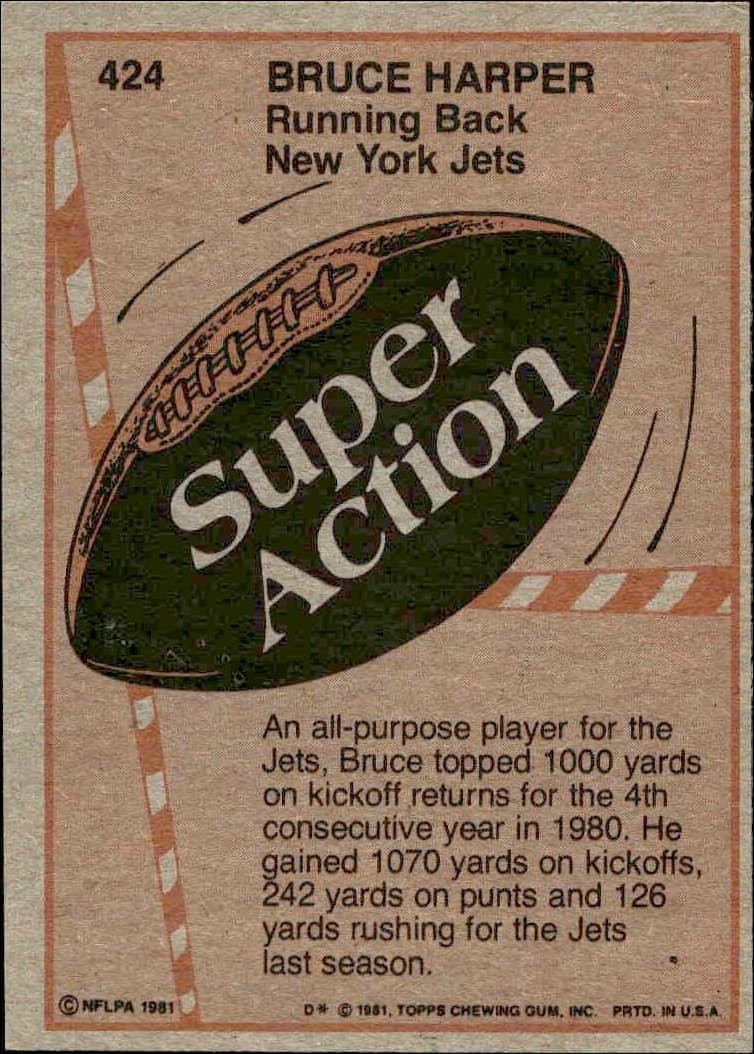 1981 Topps Bruce Harper #424 football trading card back