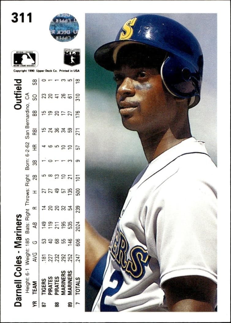 1990 Upper Deck Darnell Coles #311 baseball trading card back