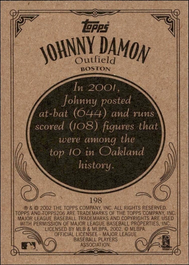 2002 Topps 206 Johnny Damon #198 baseball trading card back