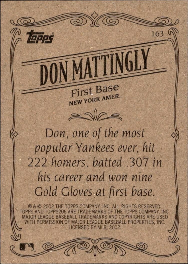 2002 Topps 206 Don Mattingly #163 baseball trading card back
