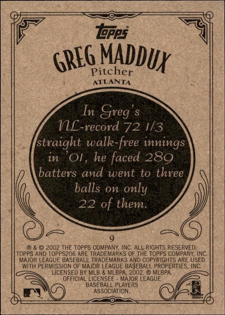 2002 Topps 206 Greg Maddux #9 baseball trading card back