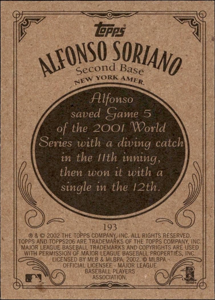 2002 Topps 206 Alfonso Soriano #193 baseball trading card back