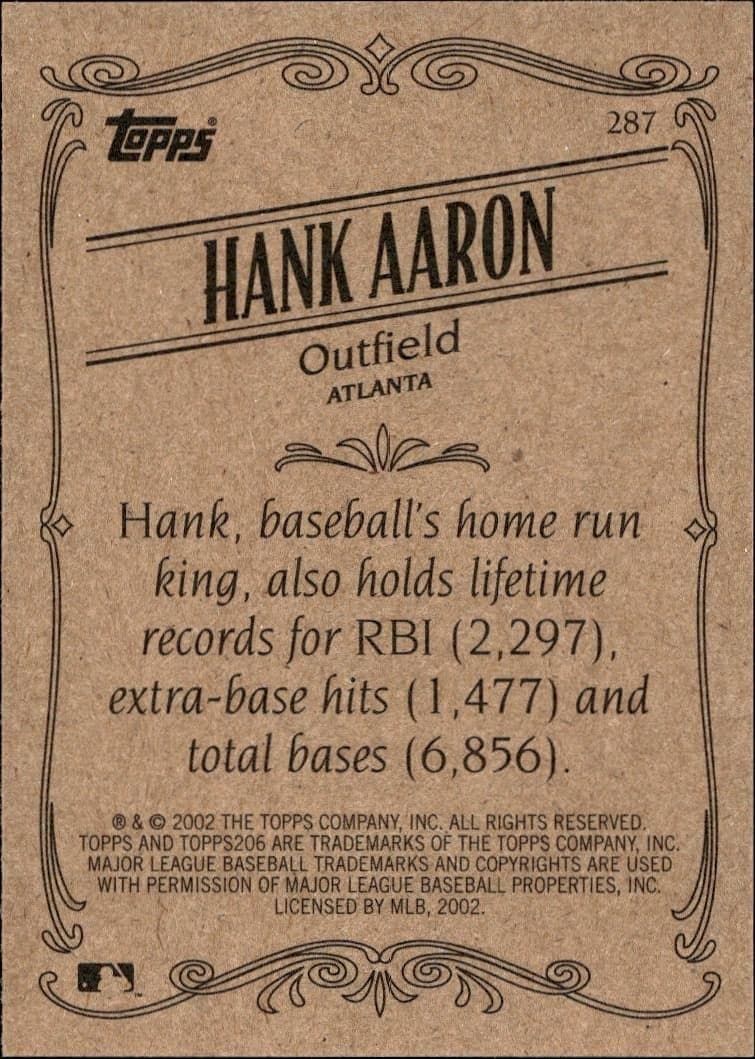 2002 Topps 206 Hank Aaron #287 baseball trading card back