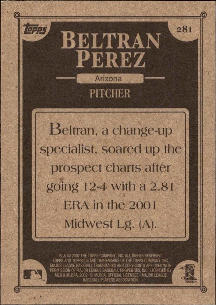 2002 Topps 206 Beltran Perez #281 baseball trading card back
