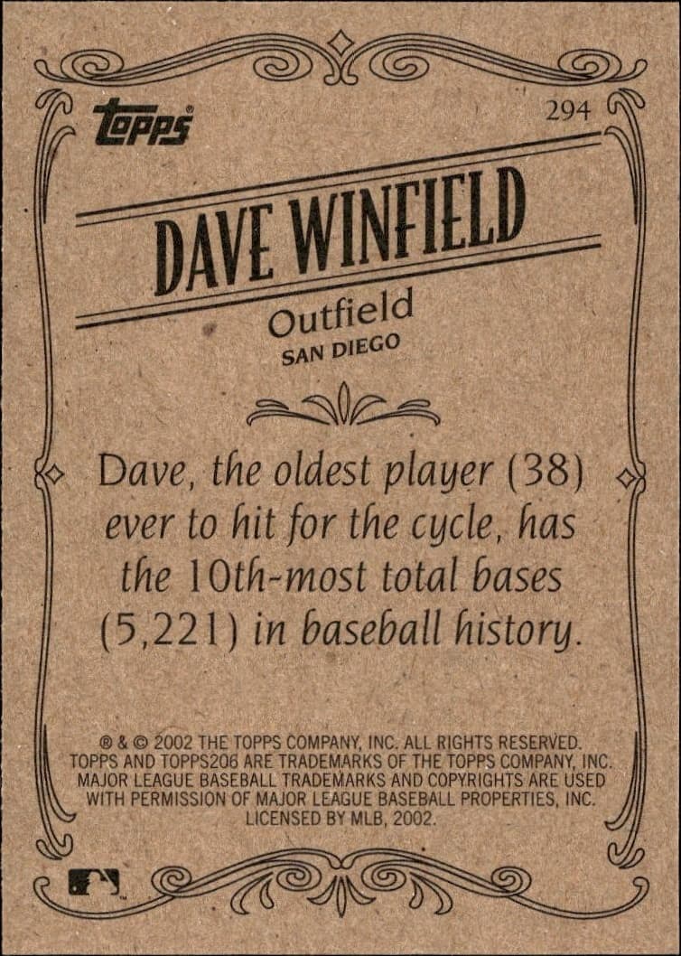 2002 Topps 206 Dave Winfield #294 baseball trading card back