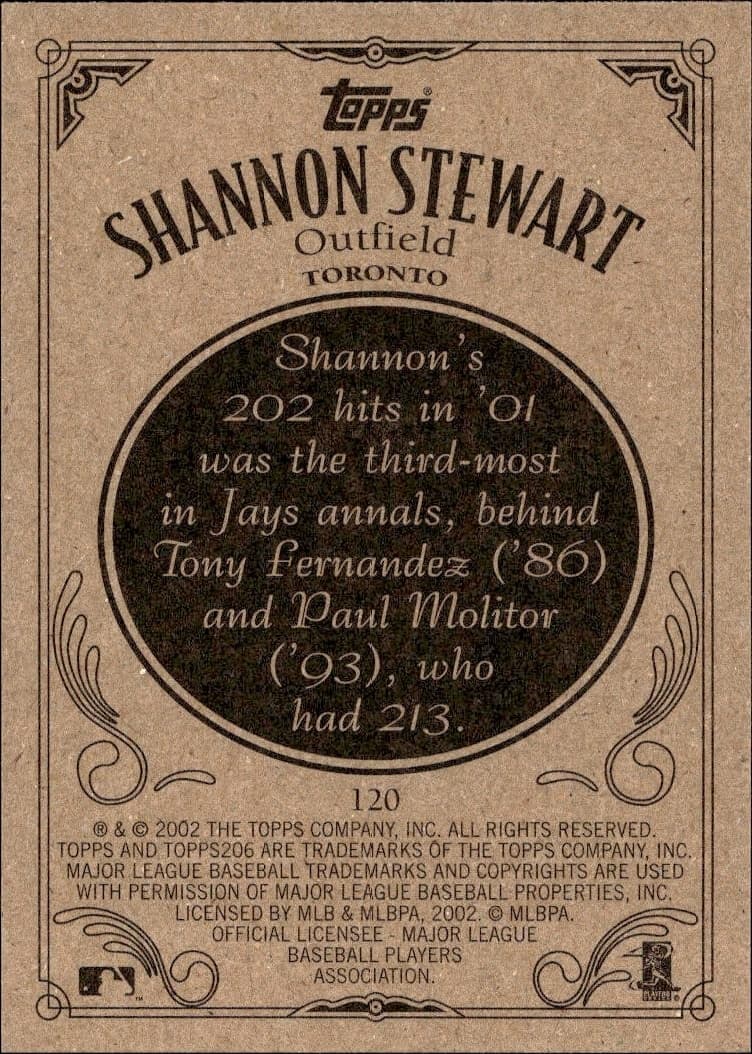 2002 Topps 206 Shannon Stewart #120 baseball trading card back