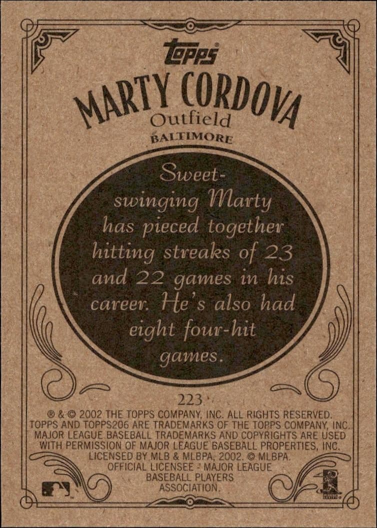 2002 Topps 206 Marty Cordova #223 baseball trading card back