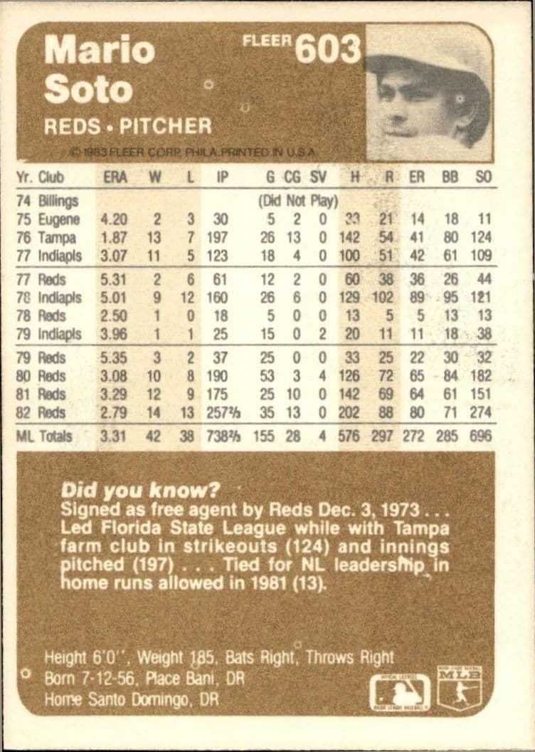 1983 Fleer Mario Soto #603 baseball trading card back