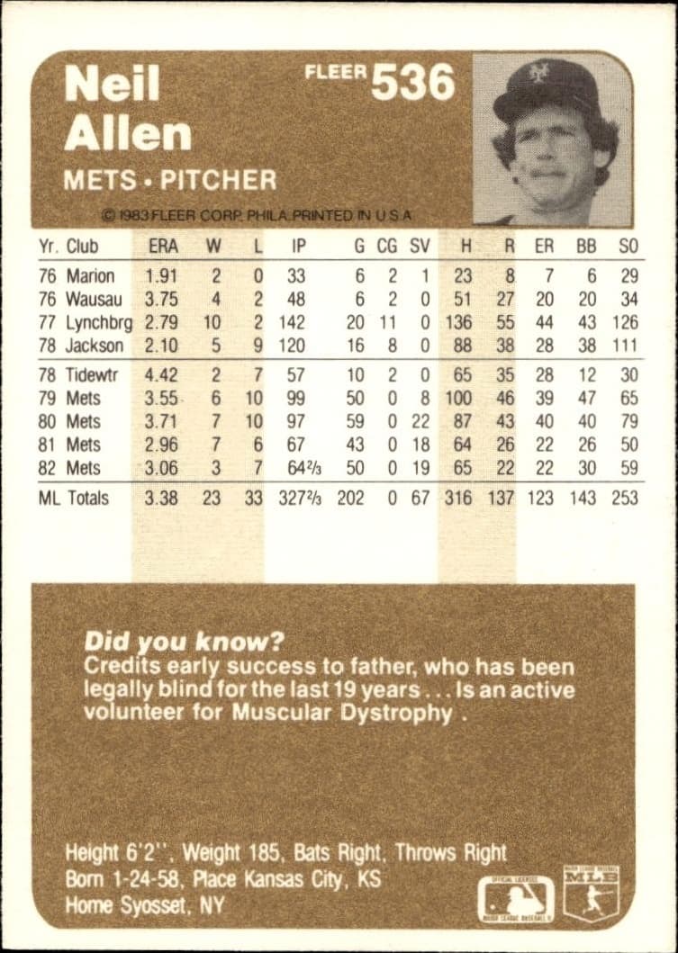 1983 Fleer Neil Allen #536 baseball trading card back
