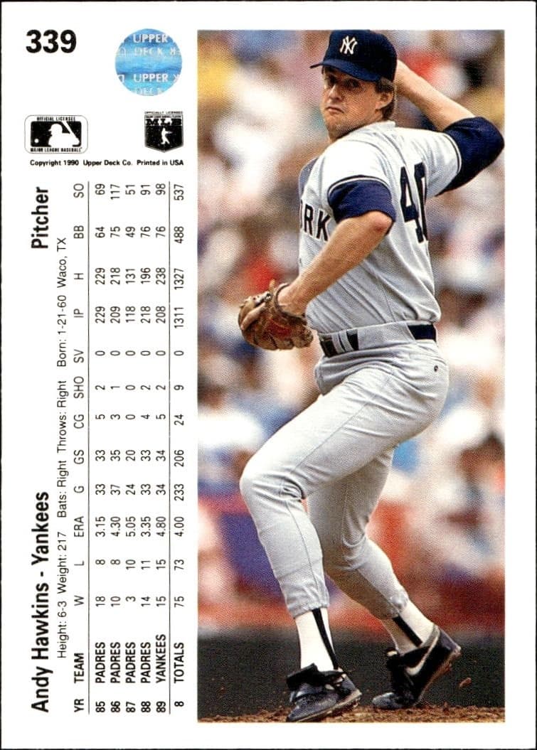 1990 Upper Deck Andy Hawkins #339 baseball trading card back