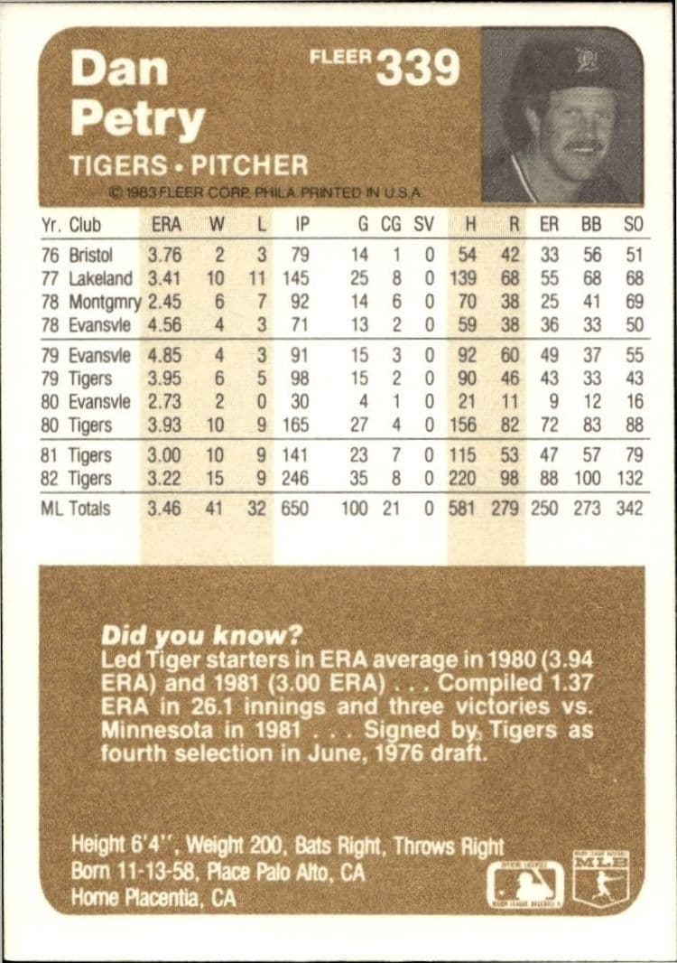 1983 Fleer Dan Petry #339 baseball trading card back
