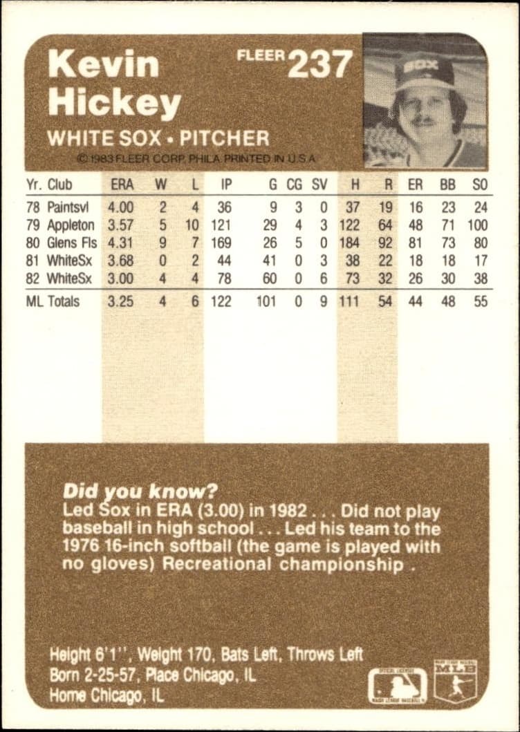 1983 Fleer Kevin Hickey #237 baseball trading card back