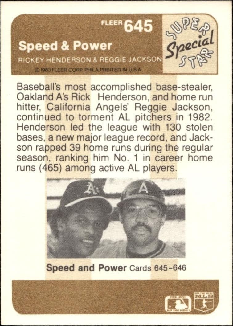 1983 Fleer Reggie Jackson #645 baseball trading card back