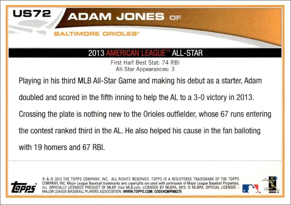 2013 Topps Update Adam Jones #US72 baseball trading card back