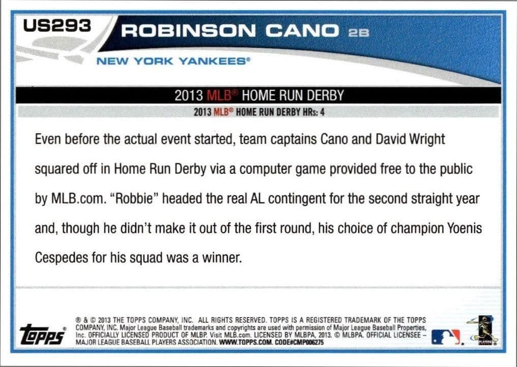 2013 Topps Update Robinson Cano #US293 baseball trading card back