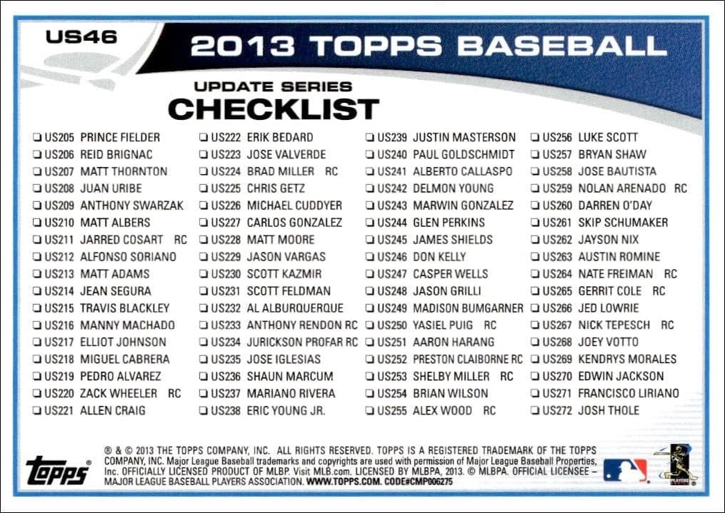 2013 Topps Update Yasiel Puig #US46 baseball trading card back