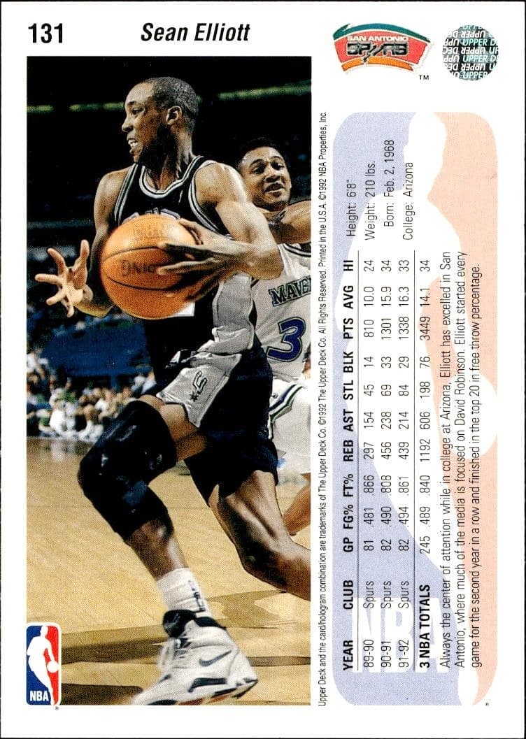 1992 Upper Deck Sean Elliott #131 basketball trading card back