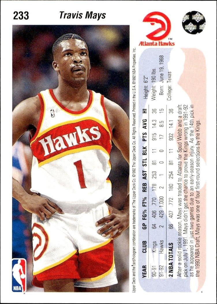1992 Upper Deck Travis Mays #233 basketball trading card back