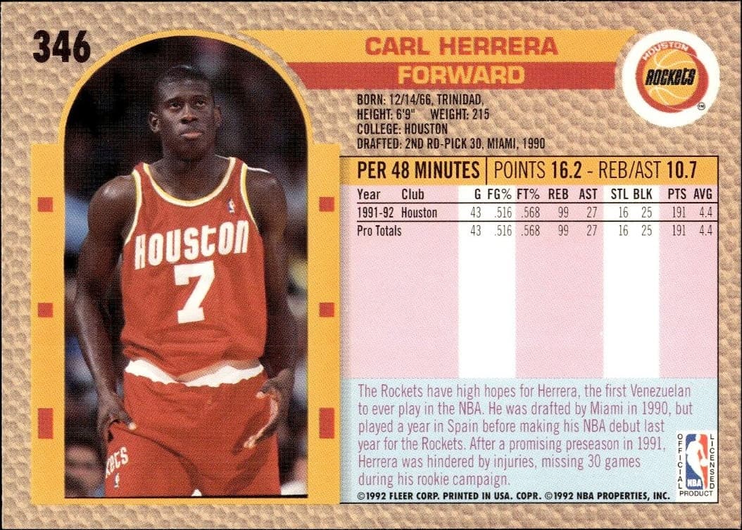 1992 Fleer Carl Herrera #346 basketball trading card back